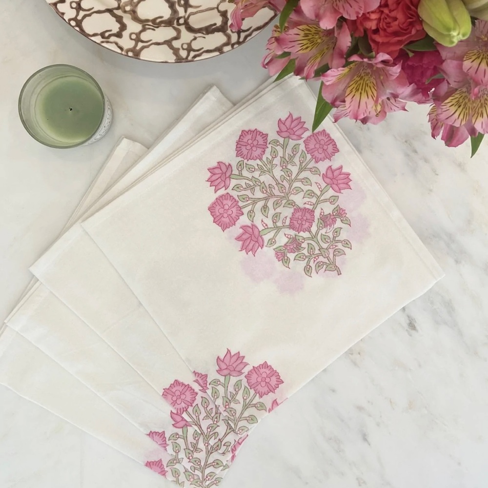Julia Amory Pink Blockprint Tablecloth and Napkins